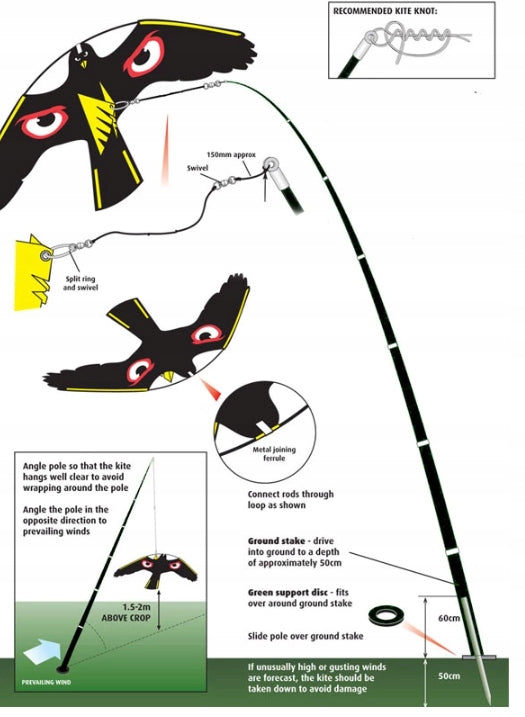 Professional BIRD REPELLENT STARLINGS falcon KITE + FLAGPOLE 6m Kind repellent