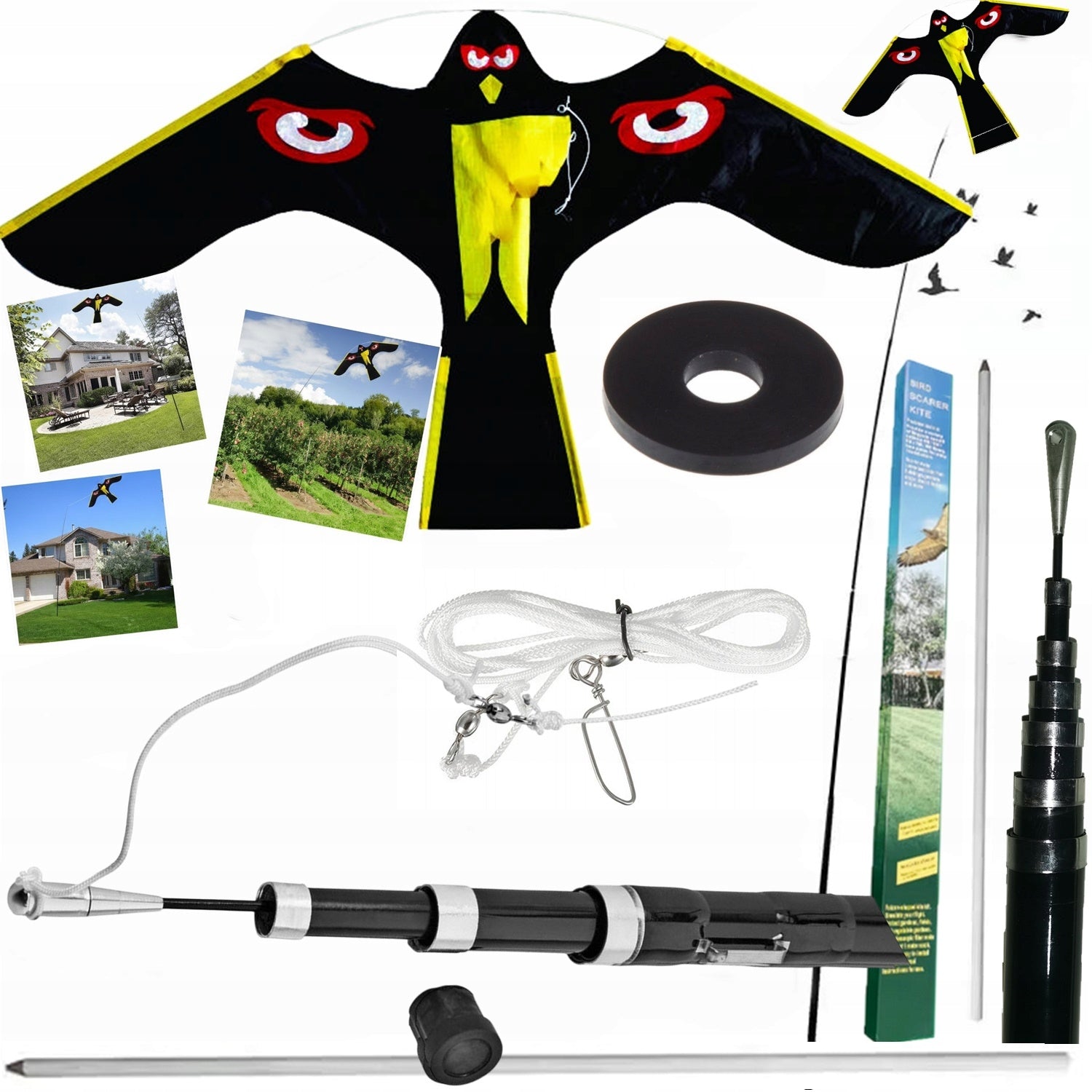 Professional BIRD REPELLENT STARLINGS falcon KITE + FLAGPOLE 6m