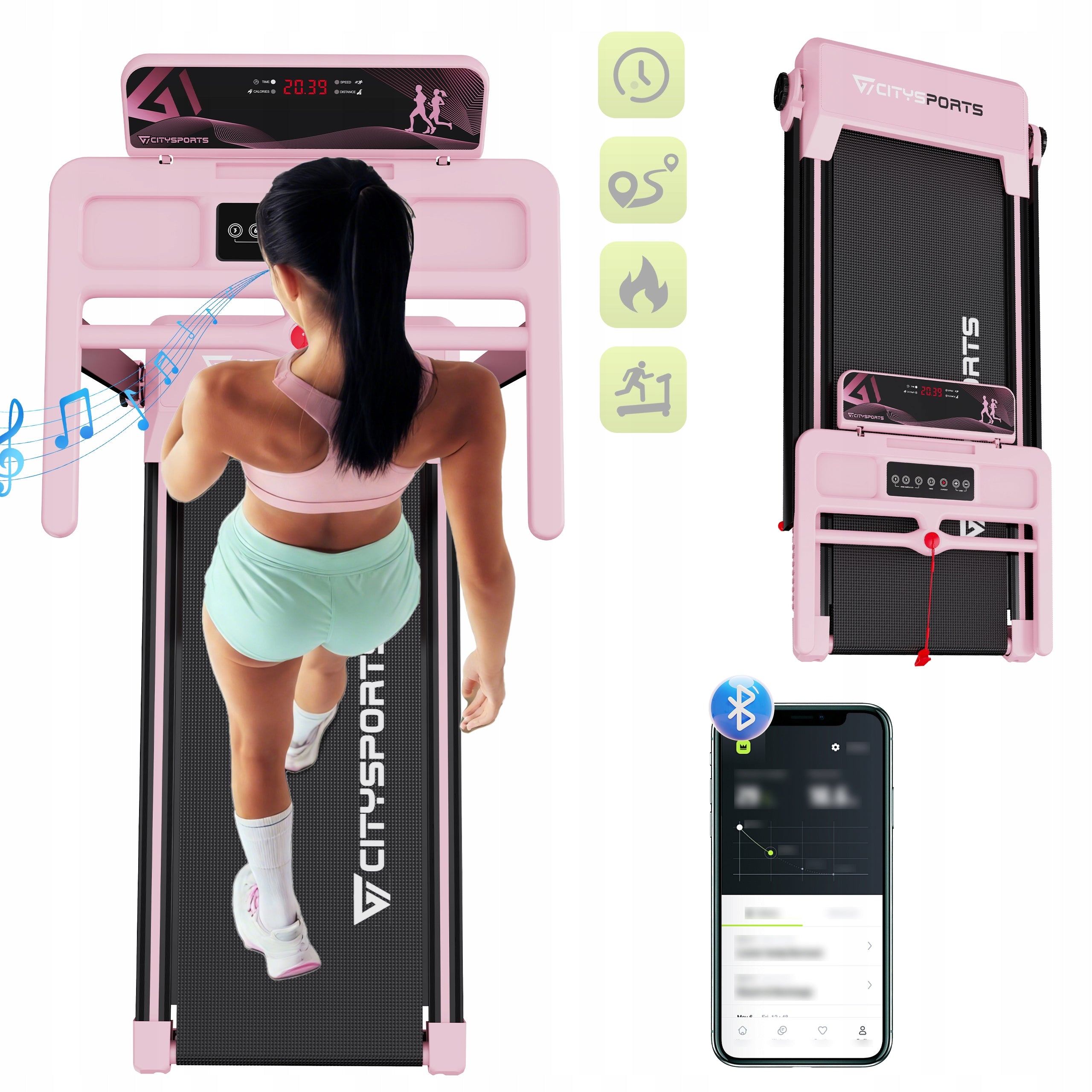 Professional Folding Home Treadmill Electric Exercise Pink 12KM App/BT Tilt