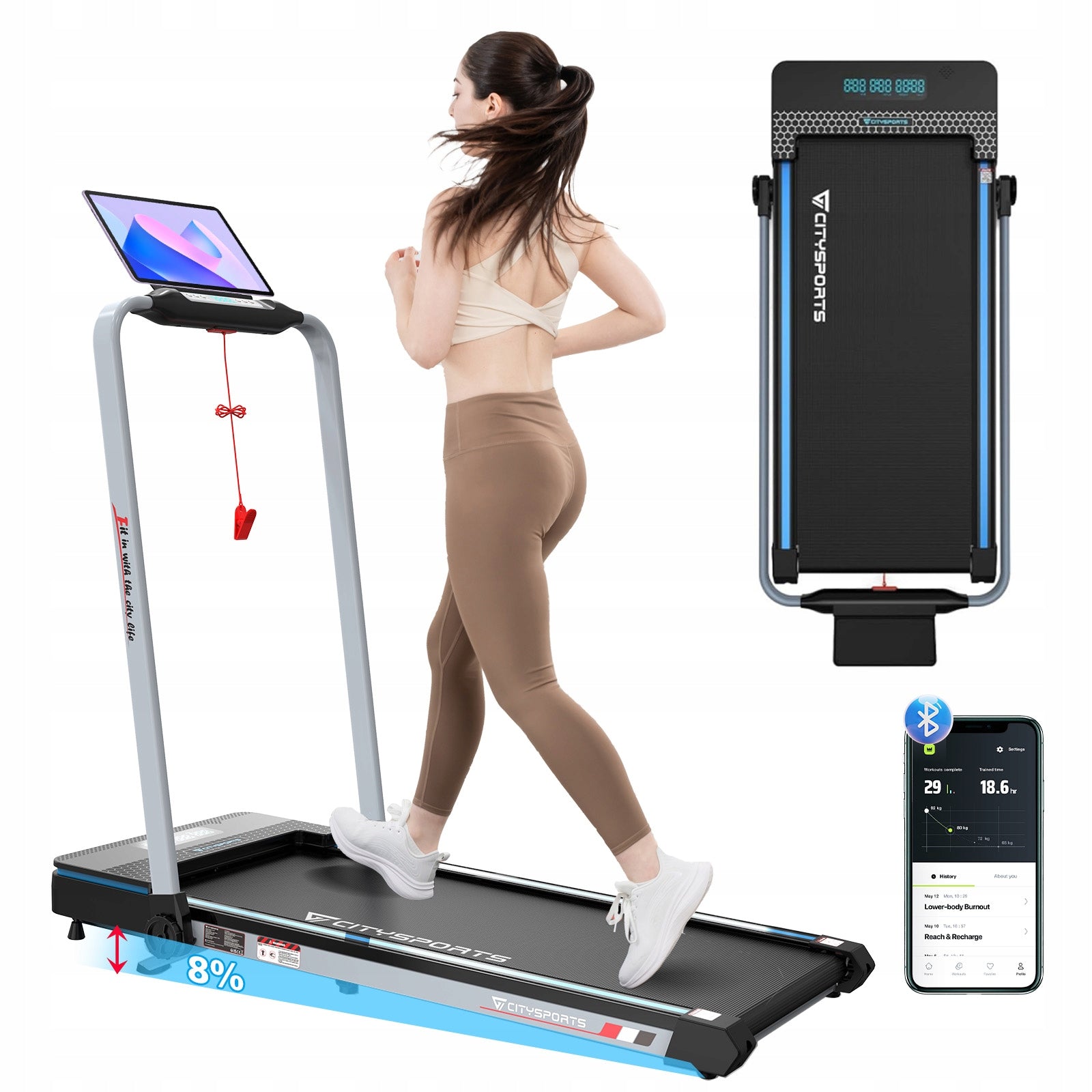 Professional Home Folding Electric Treadmill LED Angle Speaker App&BT 12KM