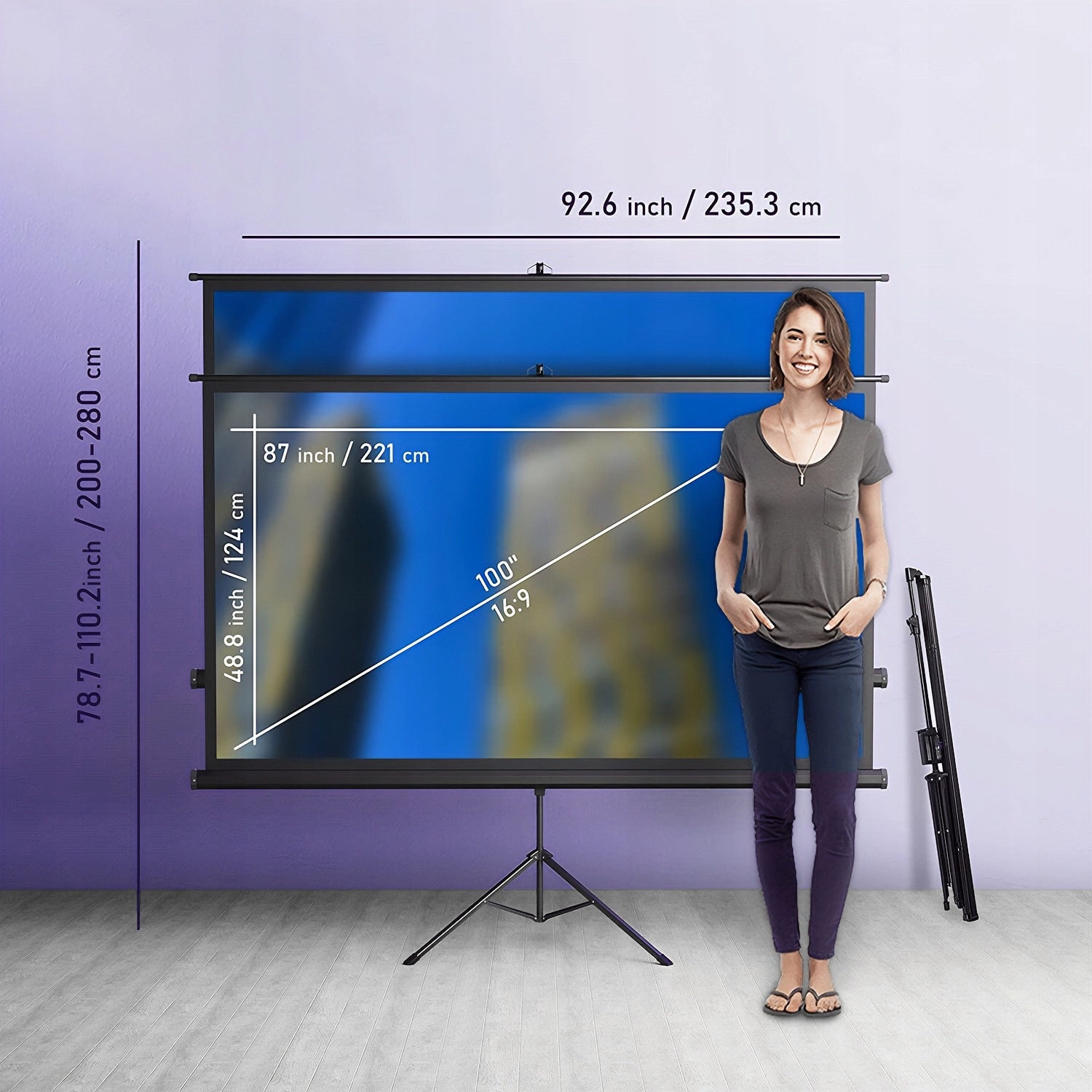 Projection screen 100 with TRIPOD portable 16:9 rolled 4K Spacetronik Packaging status original