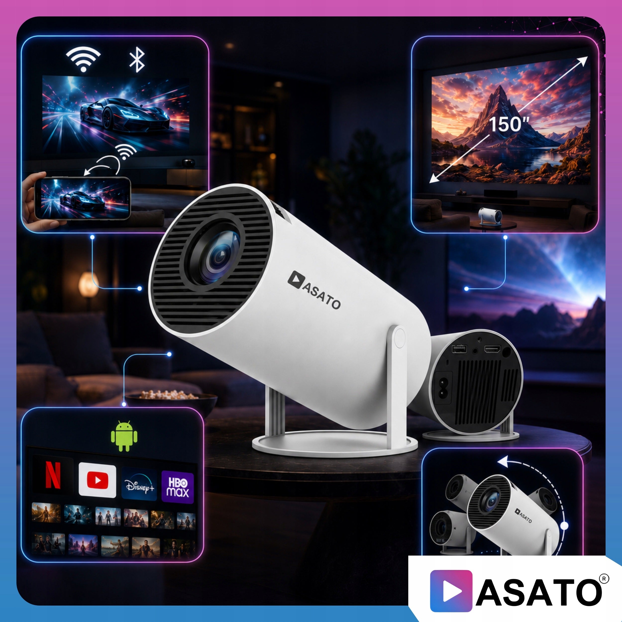 Projector Android TV WiFi SMART Bluetooth 5.0 HD 4K Screen 150 Cali Packaging status original