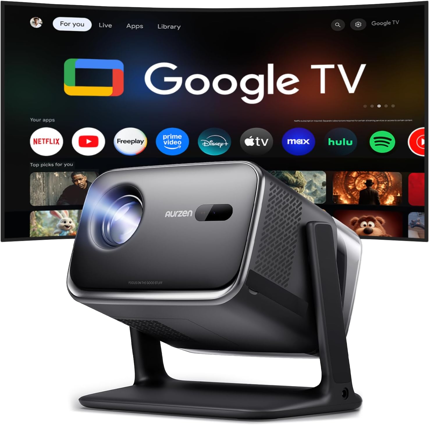 Projector Aurzen Boom Mini 4K Google TV Smart WiFi Speaker HDR 300"