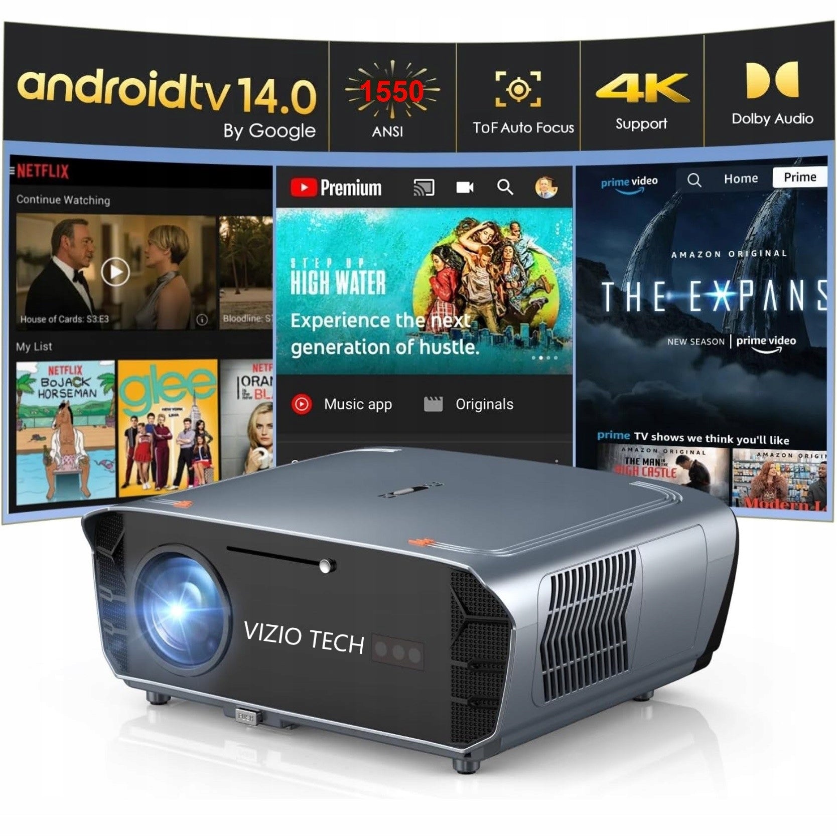 Projector VIZIO TECH A9G 1550Ansi AndroidTV 14 FullHD 4K Dolby WIFI 6 BT