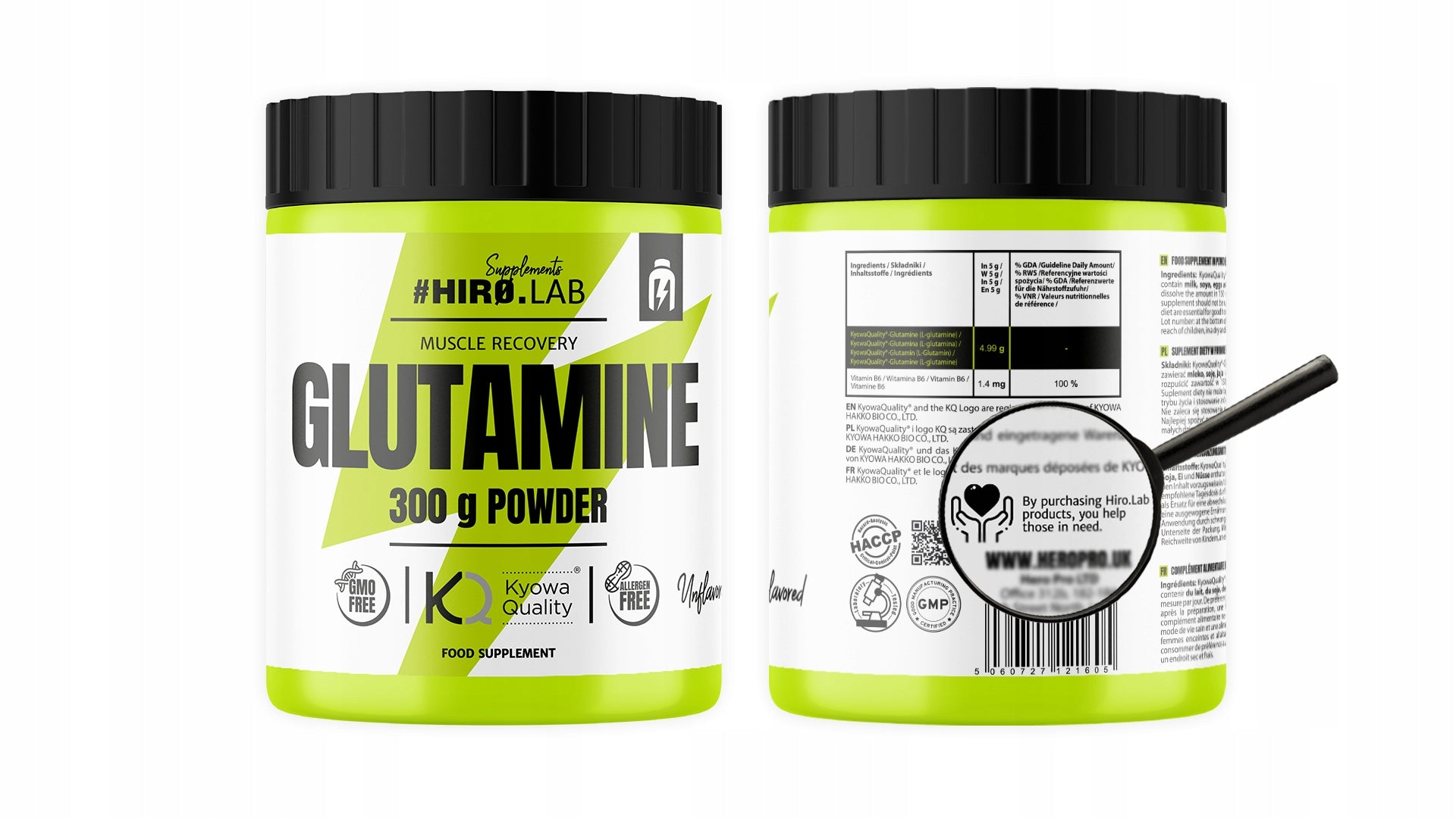 Proszek glutamina Glutamine - 300g HIRO.LAB 300 g naturalny Expiration date at least six months from the date of purchase
