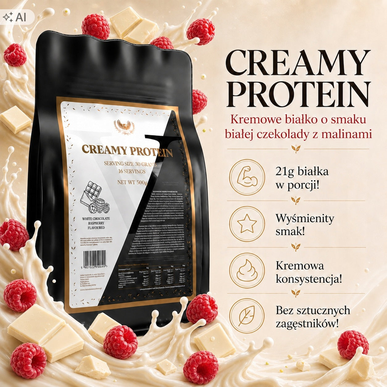 Protein 500g Creamy Protein WPC 70% Whey White Chocolate Raspberry Victorious Packaging status original