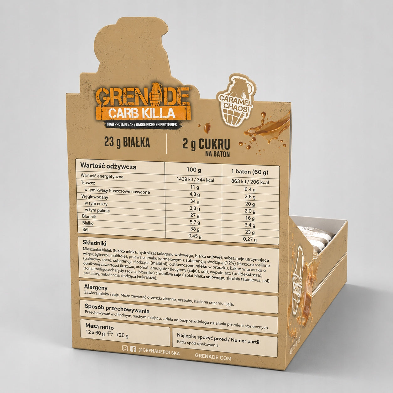 Protein Bar Grenade Caramel 12x60 g for training high-protein snack Expiration date at least 3 months from the date of purchase