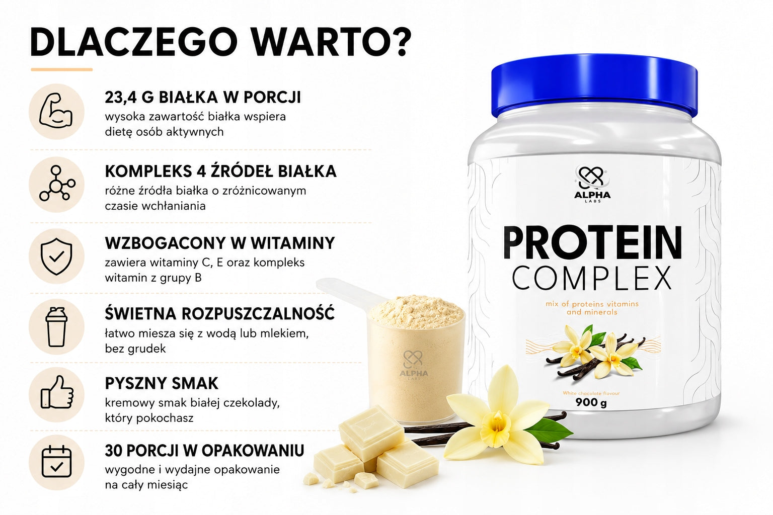 Protein Complex Alpha Labs Vanilla 900 g Mix Protein Expiration date at least 1 year from the date of purchase