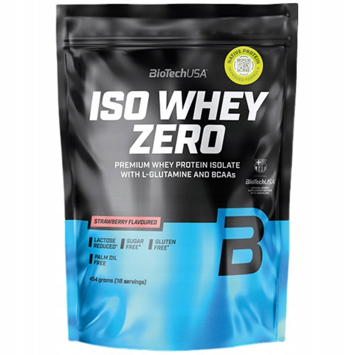 Protein Isolate BioTechUSA Iso Whey Zero WPI BCAA Glutamine Strawberry 454 g Packaging status original