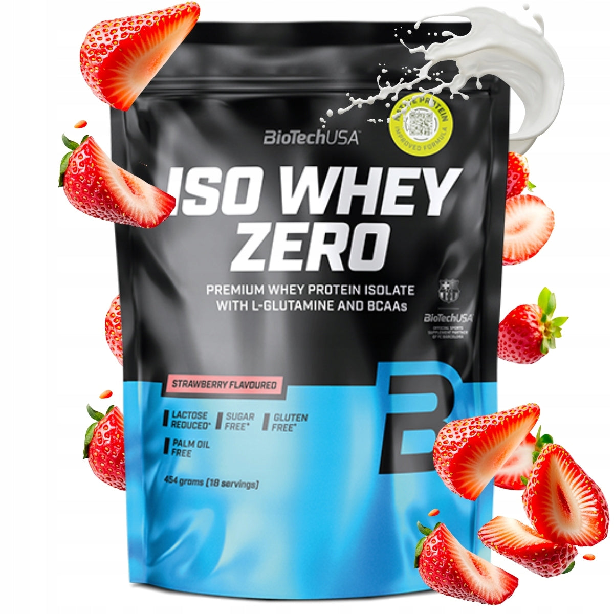 Protein Isolate BioTechUSA Iso Whey Zero WPI BCAA Glutamine Strawberry 454 g