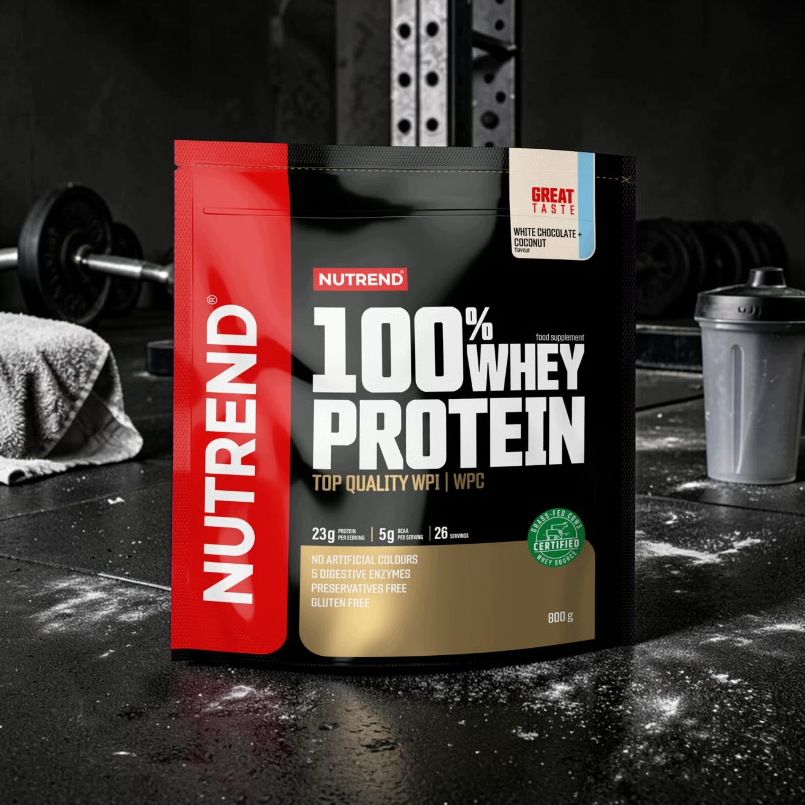 Protein NUTREND 100% Whey Protein WPC WPI 800g White Chocolate Coconut Conditioner Expiration date at least six months from the date of purchase