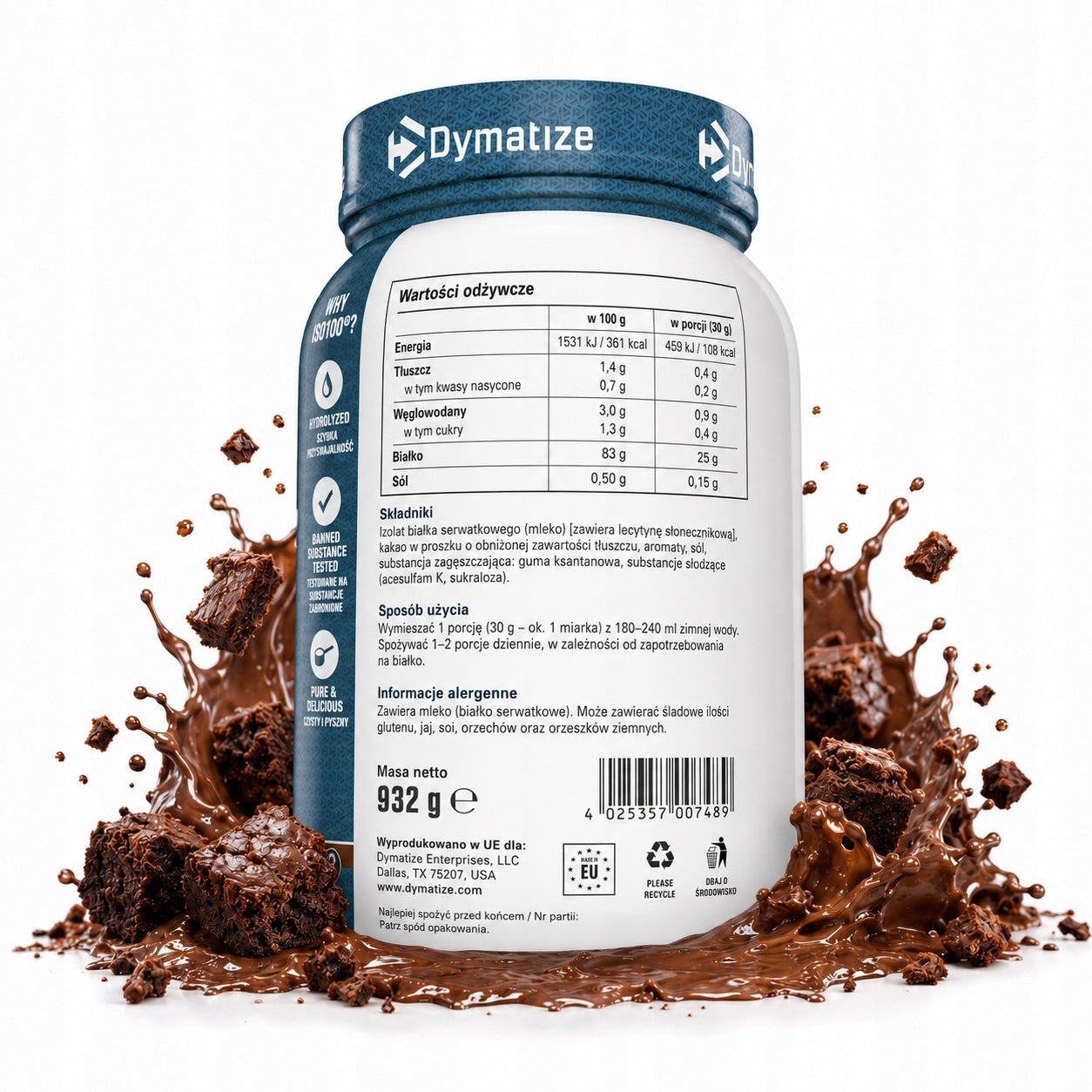 Protein isolate Dymatize ISO 100 Brownie 2,264 kg whey protein WPI Expiration date at least 3 months from the date of purchase