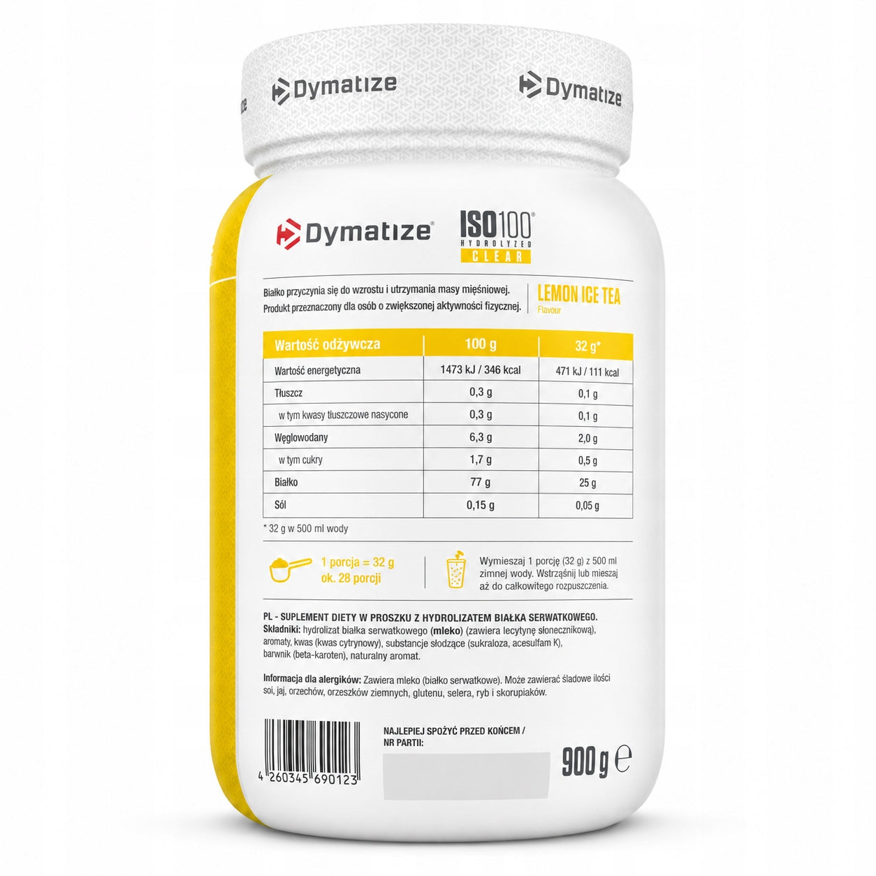 Protein isolate Dymatize ISO 100 Iced lemon tea 900 g WPI per mass Expiration date at least 3 months from the date of purchase