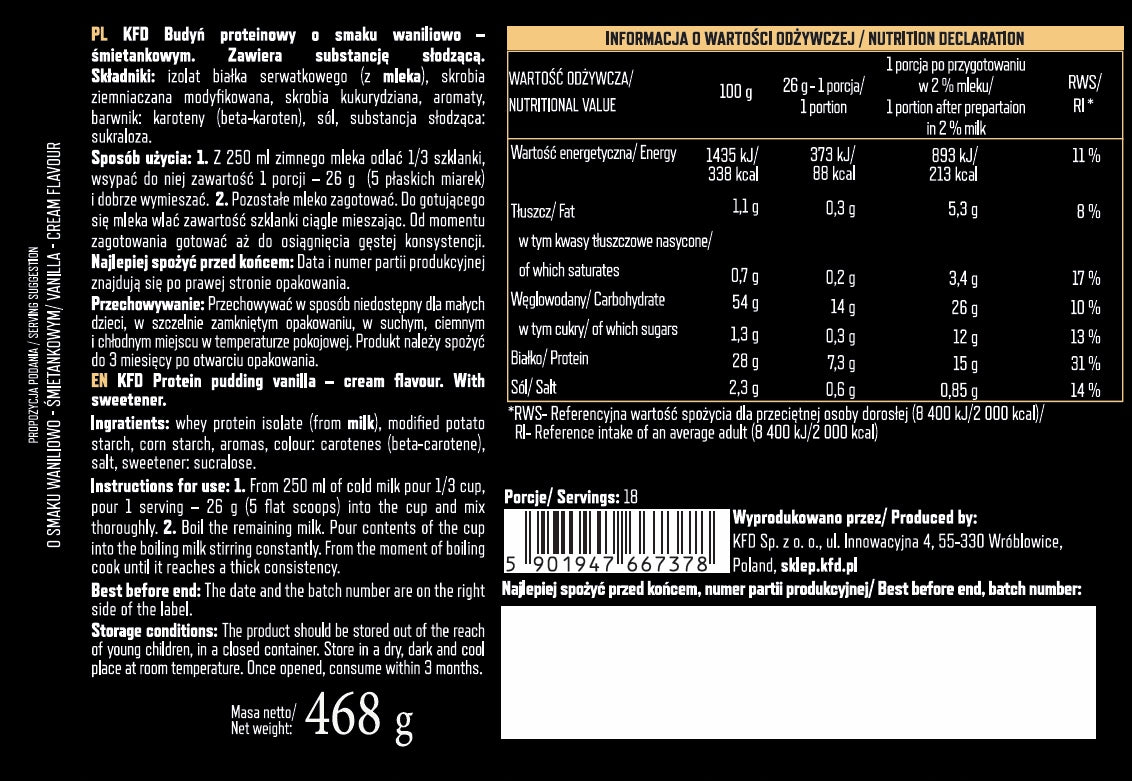 Protein pudding KFD 468g with VANILLA - CREAM flavor Packaging status original
