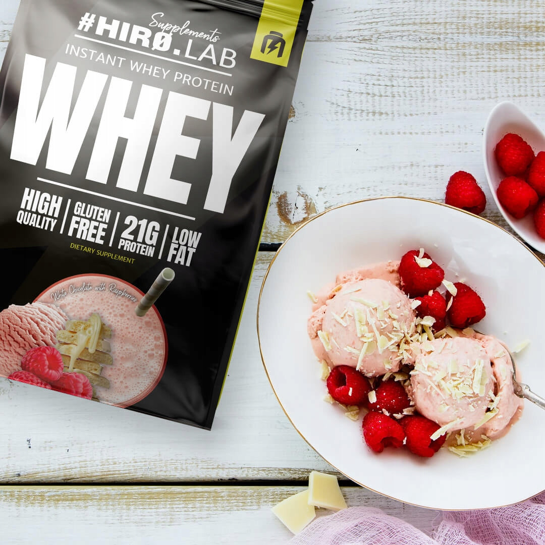 Protein supplement HIRO.LAB WPC powder 750g taste white chocolate - raspberry Packaging status original