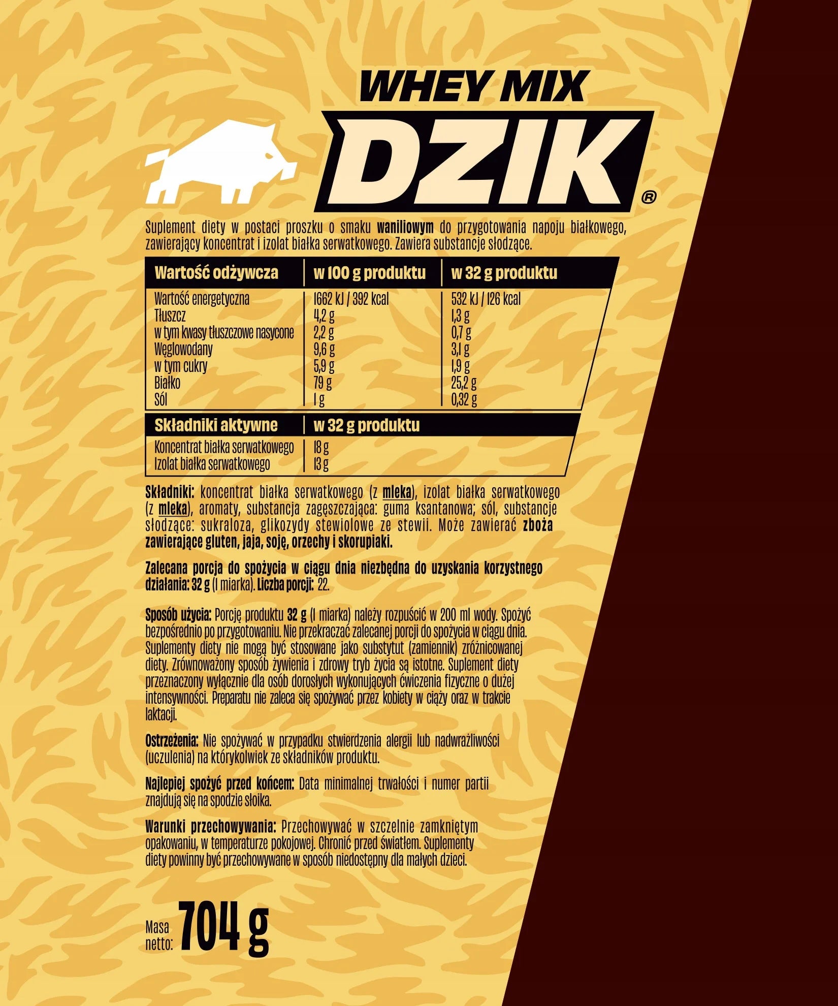 Protein supplement WPC&WPI WHEY MIX DZIK 704g VANILLA flavor Expiration date at least six months from the date of purchase