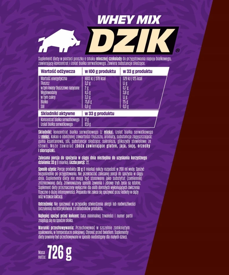 Protein supplement WPC&WPI WHEY MIX DZIK 726g taste MILK CHOCOLATE Expiration date at least six months from the date of purchase