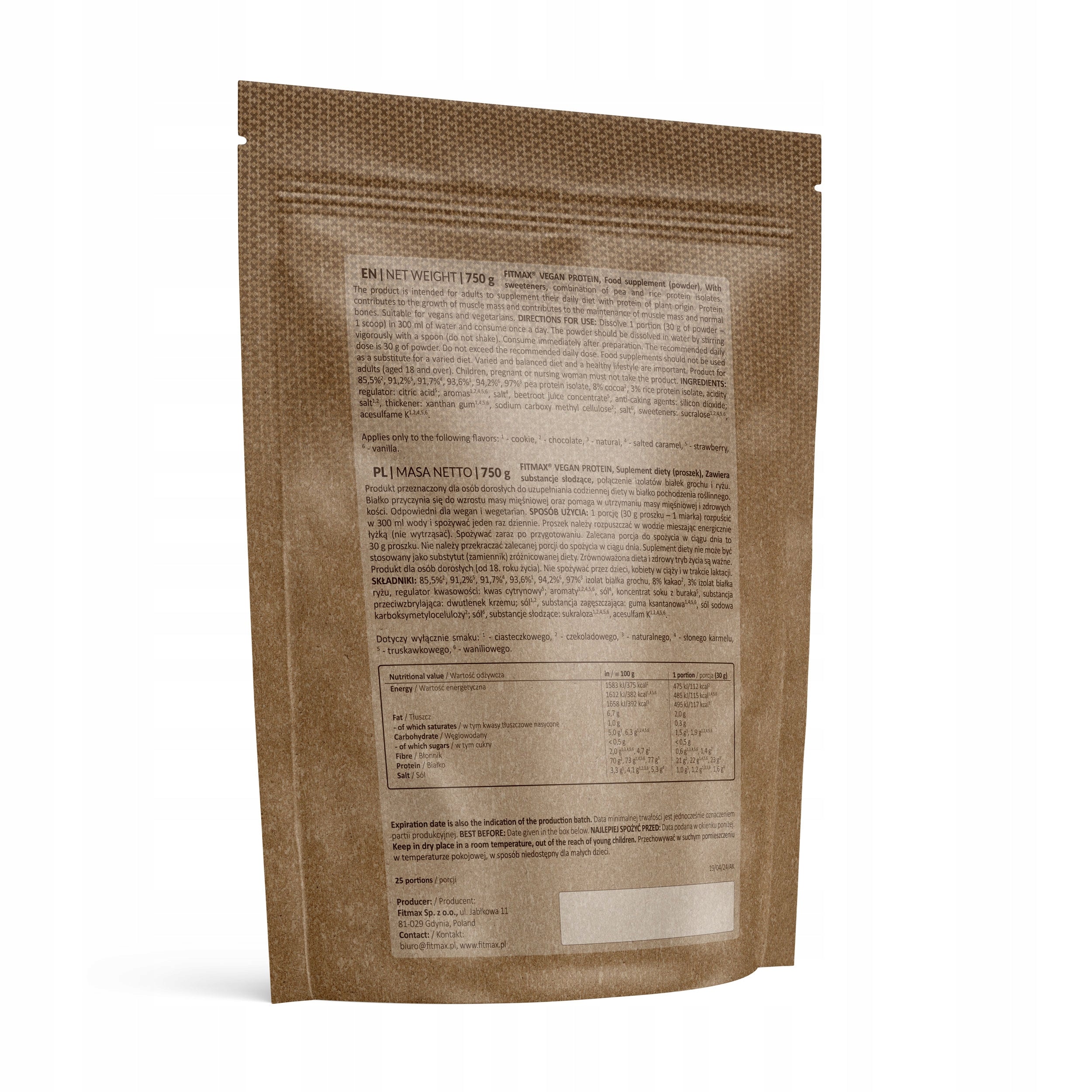Protein supplement vegetable protein Fitmax 750 g chocolate flavour Packaging status original