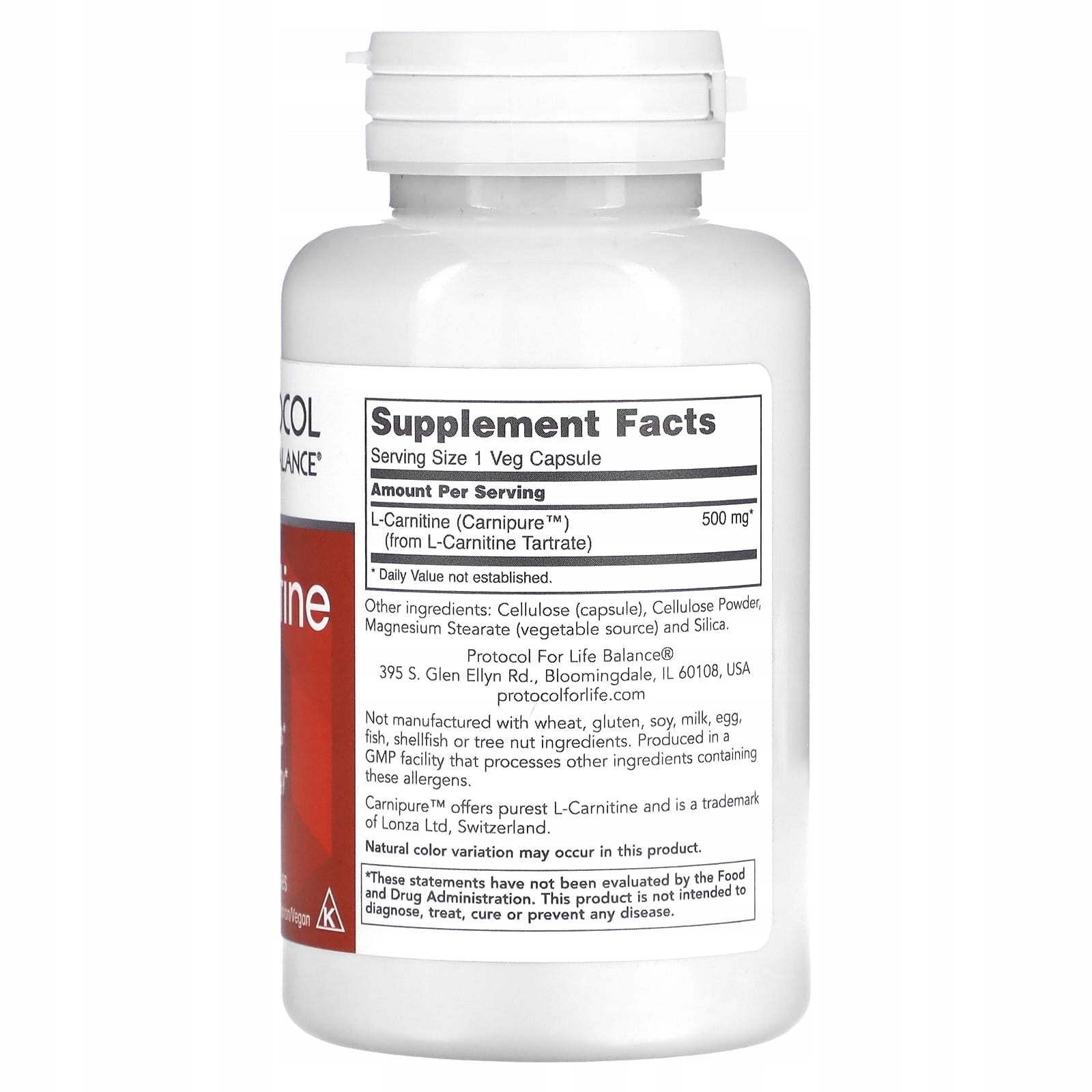 Protocol for Life Balance, L-Carnitine, 500 mg, 60 vegetable capsules Expiration date at least 3 months from the date of purchase