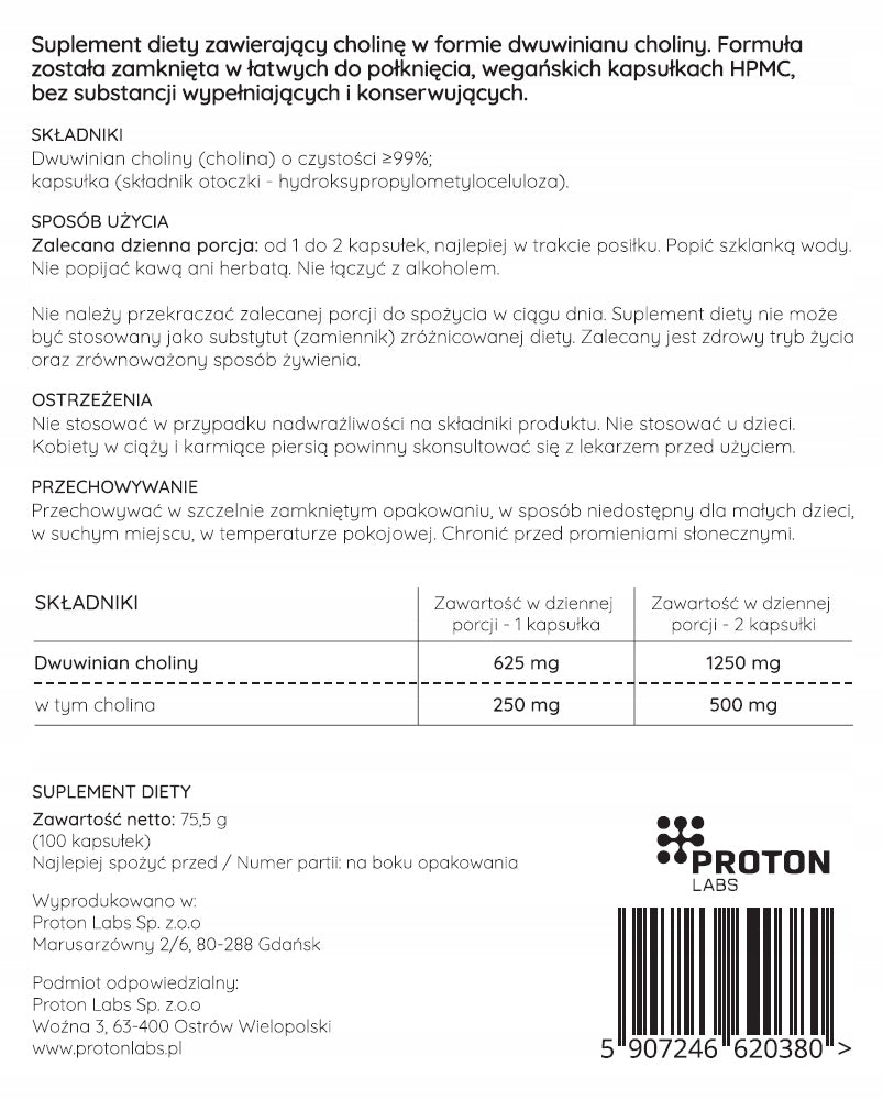 Proton Labs CHOLINE 500 mg Choline bitartrate 99,7% pure, LIVER - 100 kaps EAN (GTIN) 5907246620380