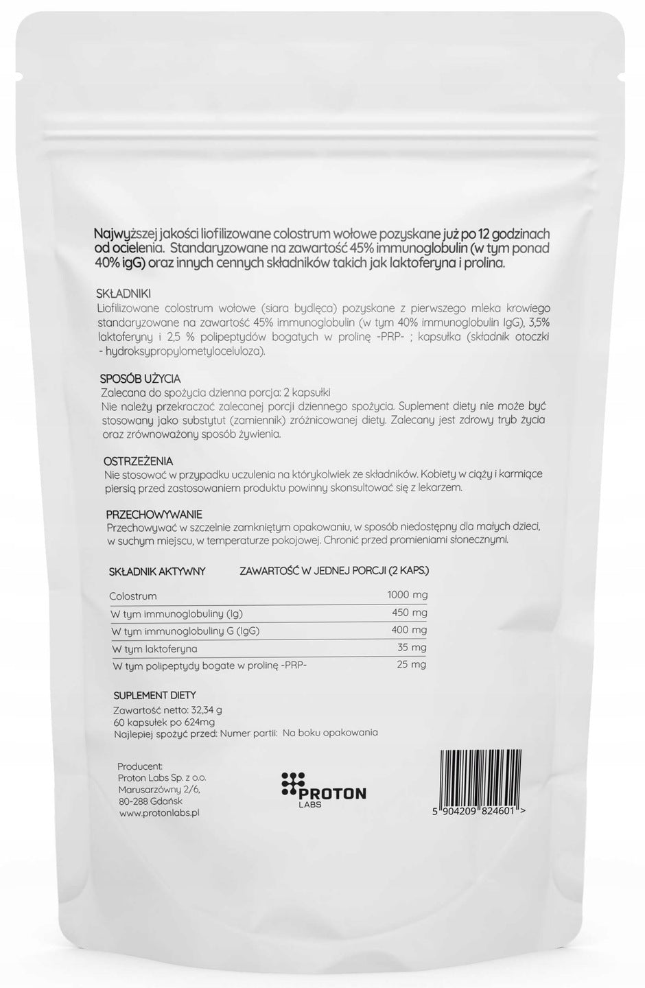 Proton Labs - Colostrum Lyophilized 45% immunoglobulins 1000 mg | 60 kaps. EAN (GTIN) 5904209824601
