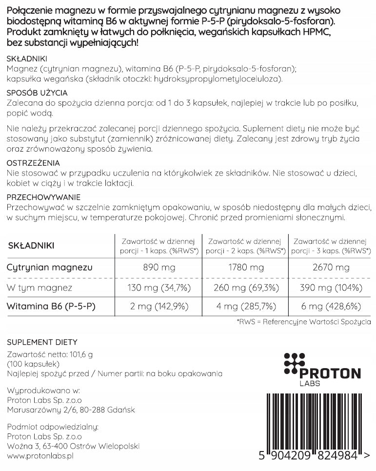 Proton Labs MAGNESIUM + B6 MAGNESIUM CITRATE 2670mg + vit B6 P-5-P p5p 100caps Packaging status original