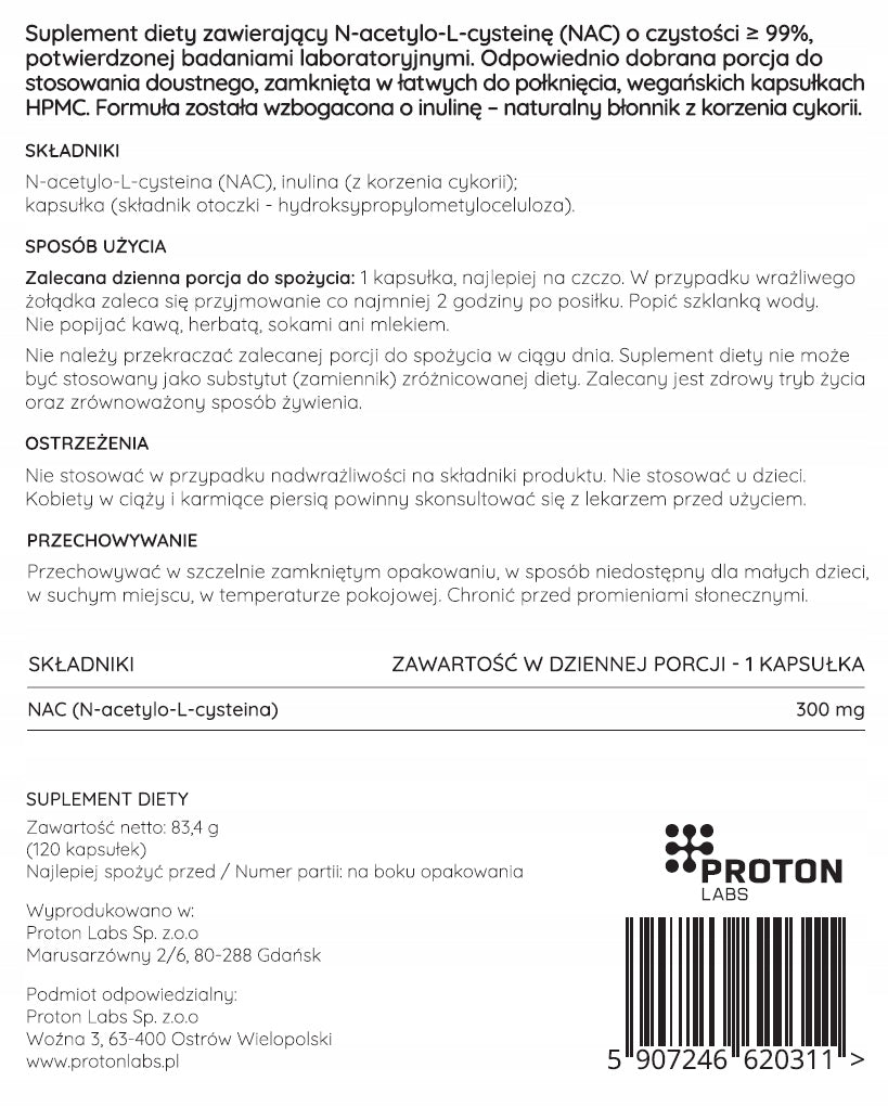 Proton Labs NAC 99,52% Pure N-ACETYL L-CYSTEINE 300mg 120 KAPS | DETOX Packaging status original