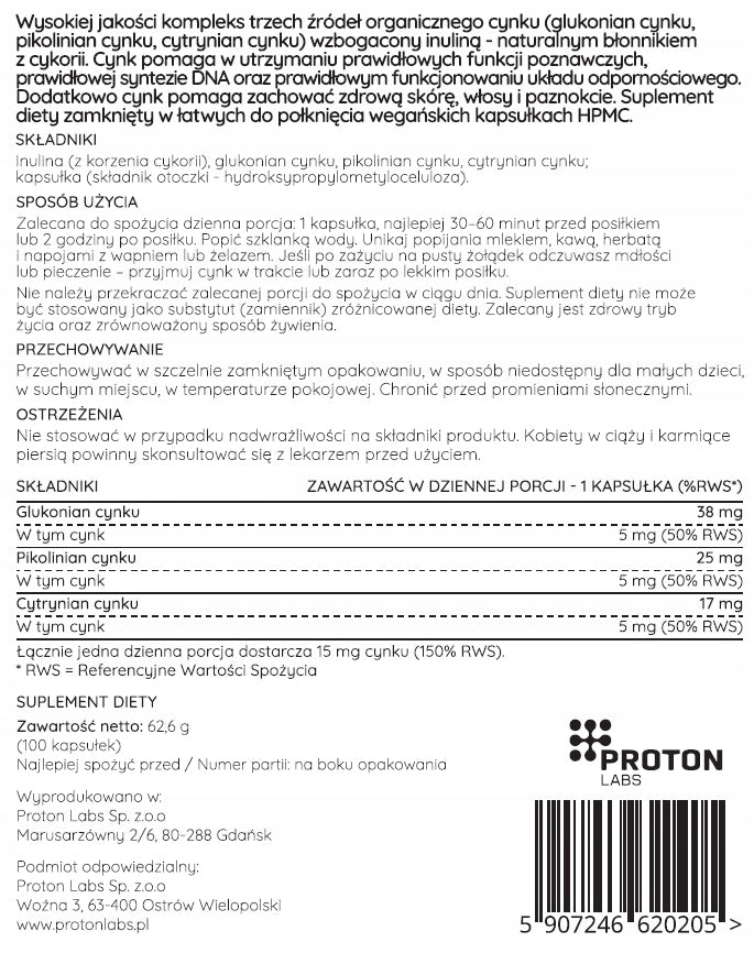 Proton Labs ZINC TRIO 3 MOLDS 150% Picolinate Glycinate Citrate 100 kaps EAN (GTIN) 5907246620205