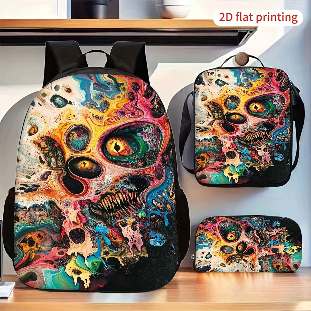 Psychedelic Skull Pattern Backpack Set - 2D Flat Cool Graphic Travel