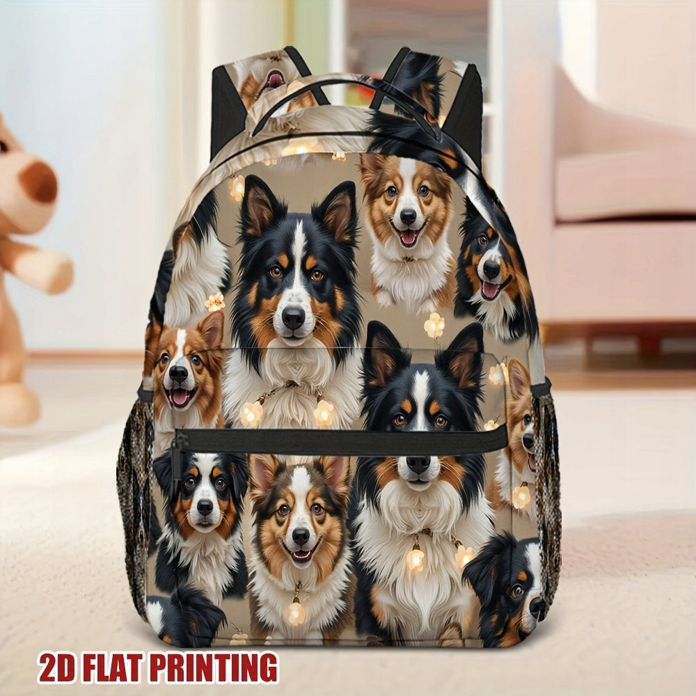 Puppy Parade Print Backpack - Campus, Casual, Outdoor, Teenager