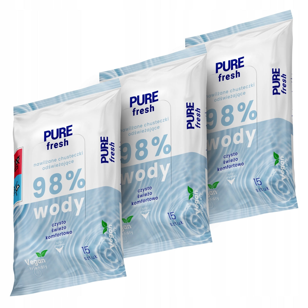 Pure Fresh Moisturized Wipes Refreshing 98% Water 15 Pack x3