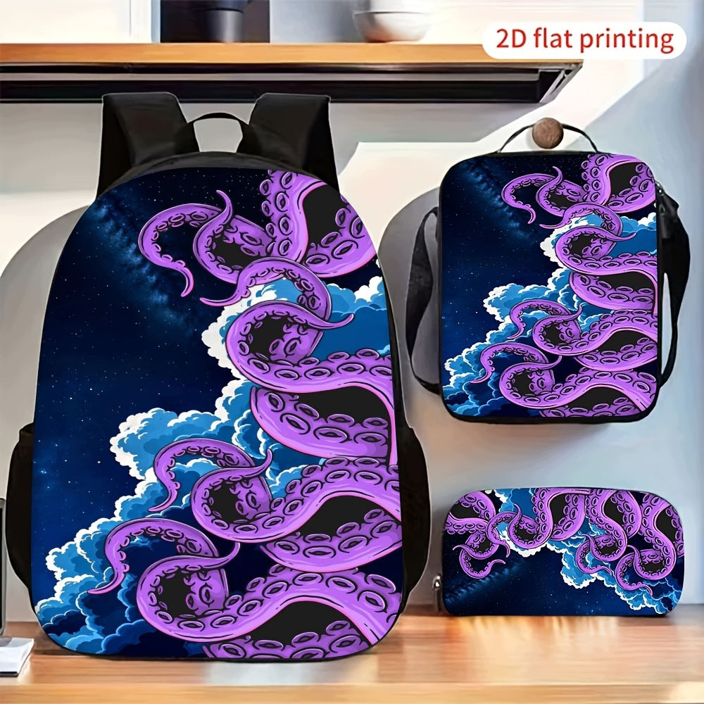 Purple Octopus Tentacle Cloud 3-Piece Backpack Set: Includes Backpack, Pencil Pouch, and Crossbody Bag