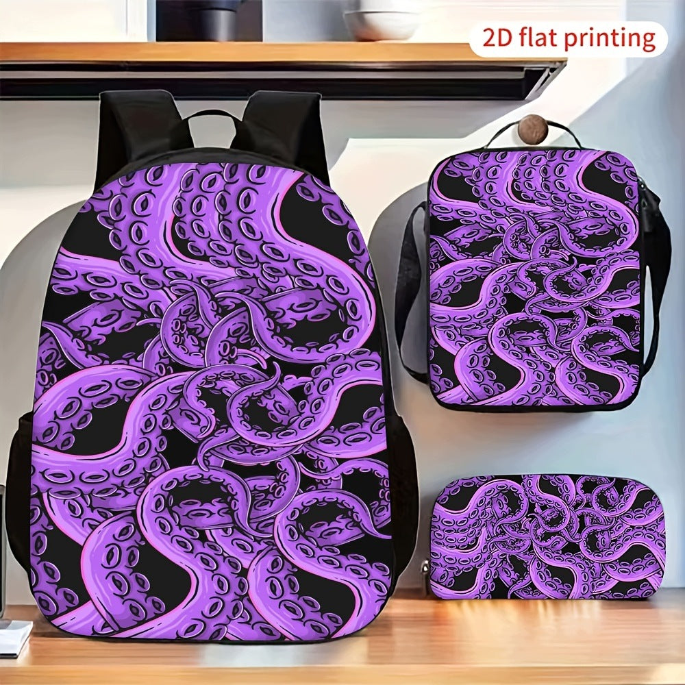 Purple Octopus Tentacle Pattern 2D Flat 3-Piece Backpack Set