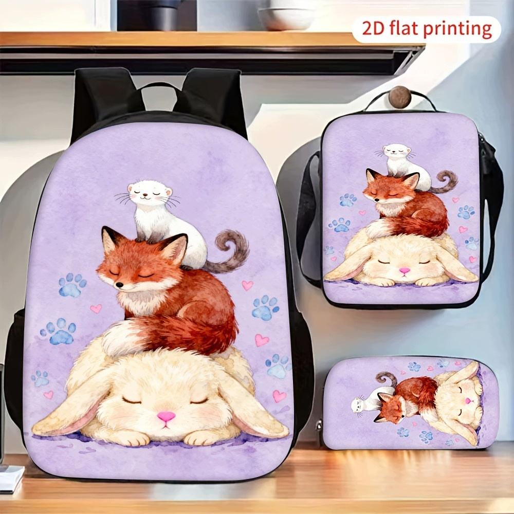 Purple Paw Print Backpack Set with Fox, Rabbit, and Ferret - Includes Shoulder Bag and Pencil Pouch