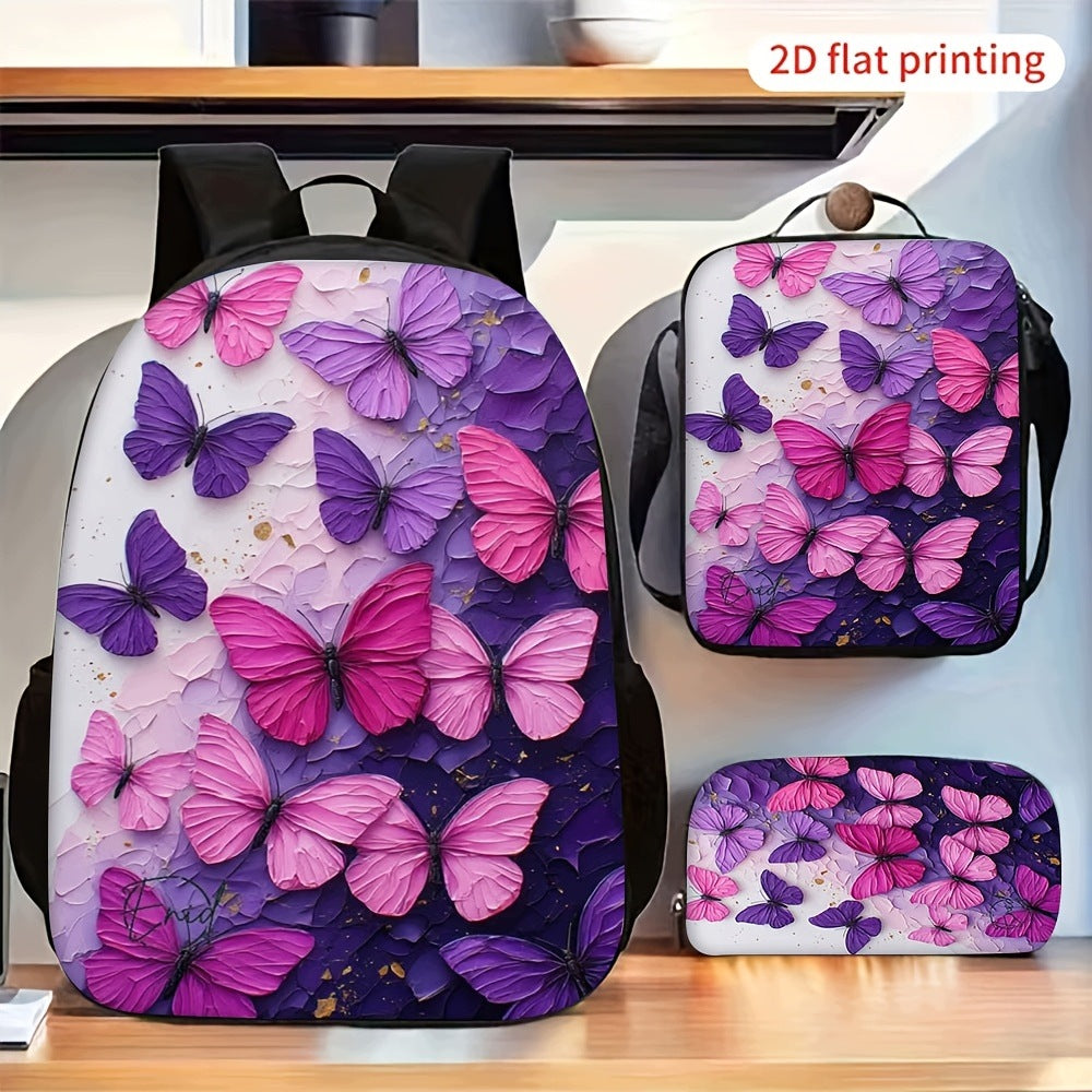 Purple Pink Butterfly 3-Piece Backpack Set