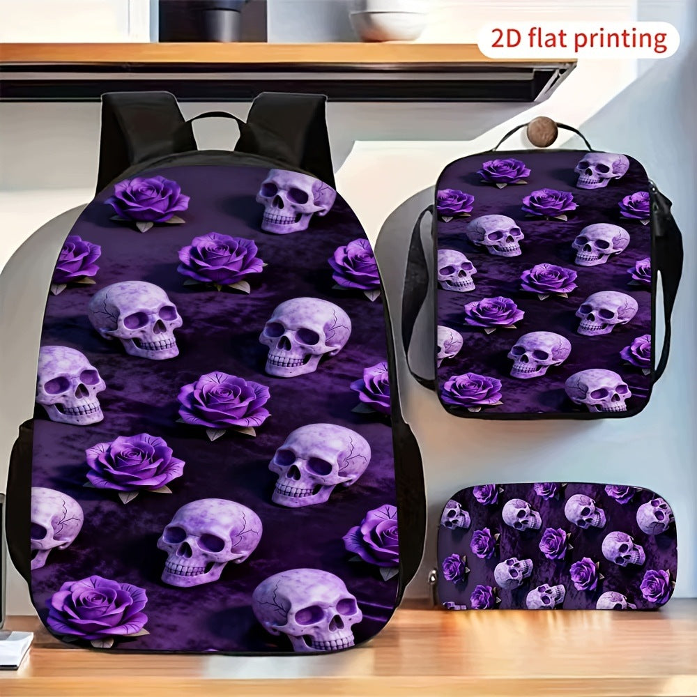 Purple Rose Skull Pattern 3-Piece Backpack Set - Gothic Dark Style Printed Bags