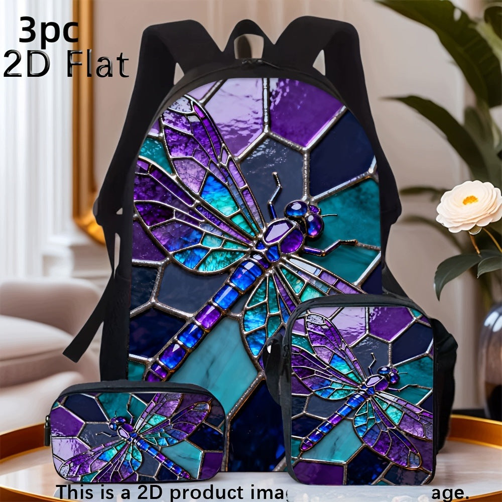 Purple Stained Glass Dragonfly Backpack Set with Crossbody Bag