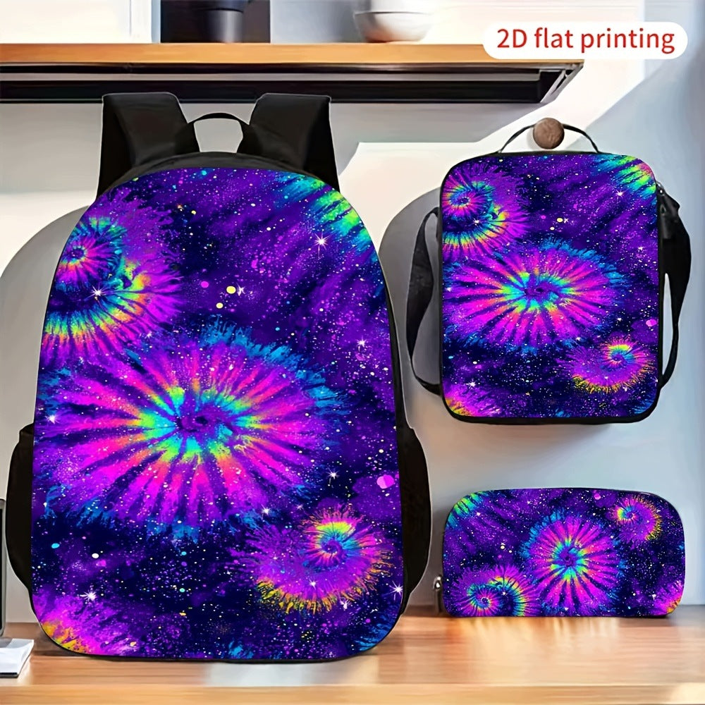 Purple Tie-Dye Starry 3-Piece Backpack Set with Crossbody Bag