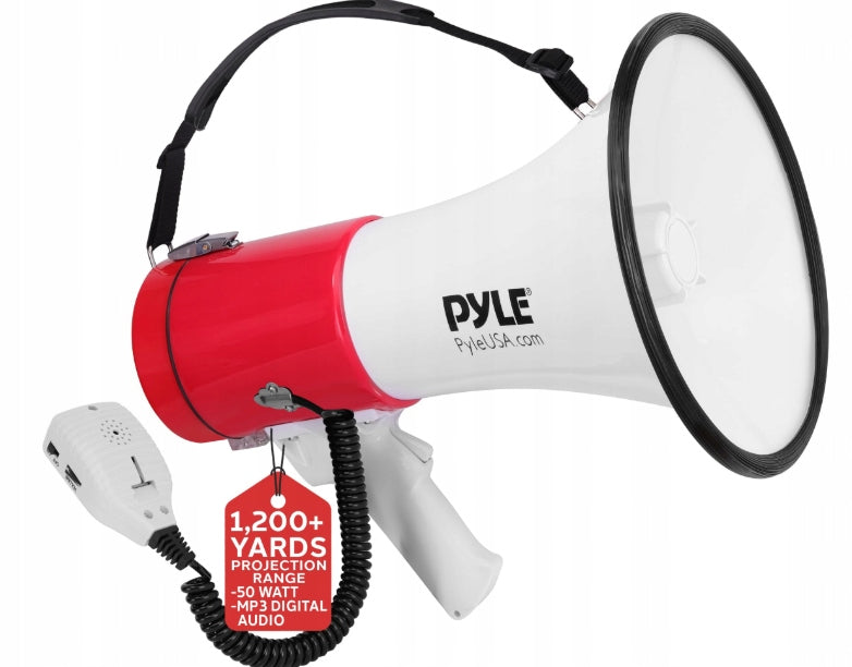 Pyle 50W Megaphone with siren and recording - white and red