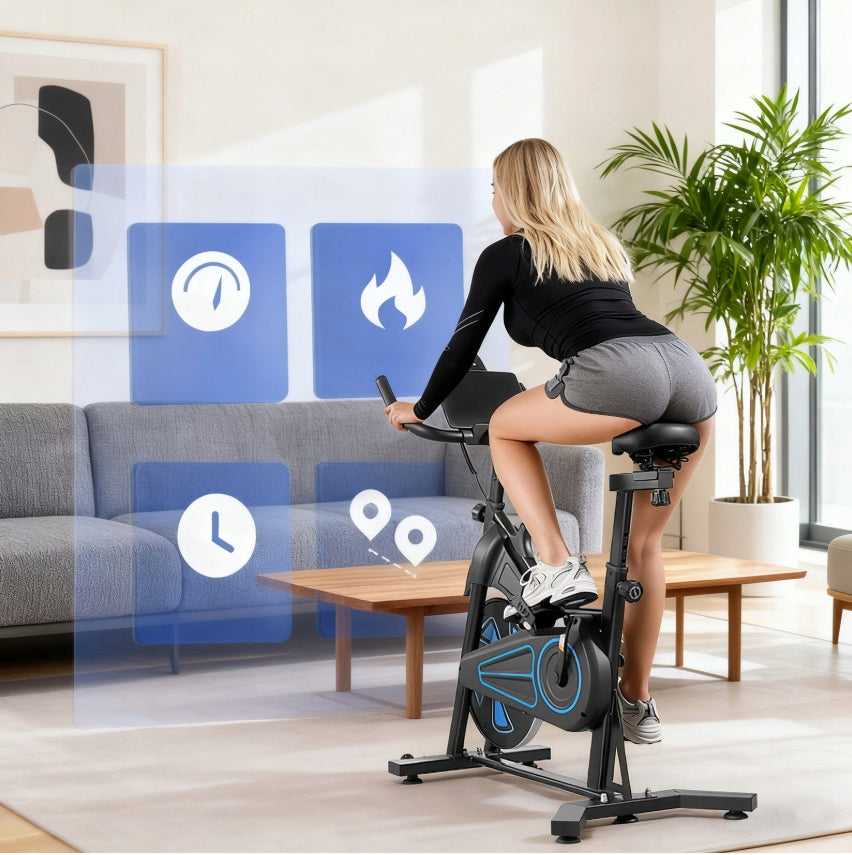 QK116C Stationary Bike Magnetic Exercise Bike Training Bike 120kg Measurements training duration speed burned calories