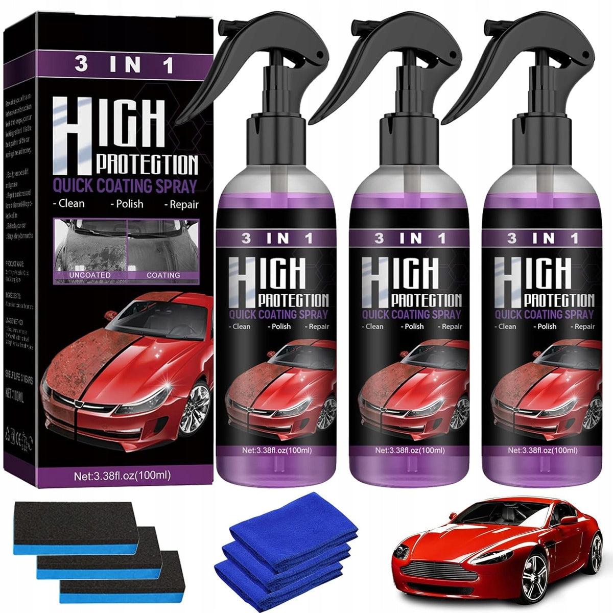 QUICK DETAILER FOR CAR PAINT HYDROPHOBIC SPRAY COATING 100 MLx3