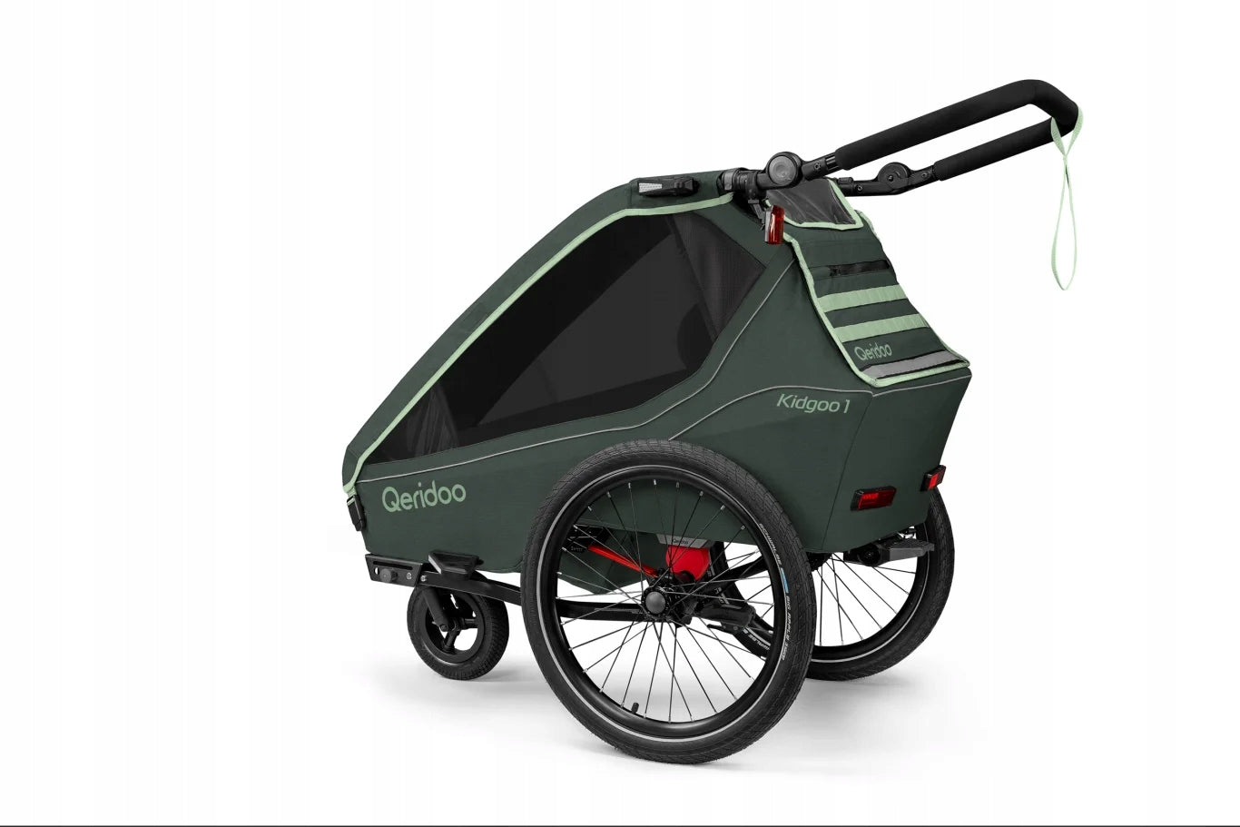 Qeridoo Kidgoo 1 Forest Green Single Bike Trailer for Kids Additional features shock absorption safety flag rain cover jogger function brake pockets stroller front wheel included axle-mounted mosquito net hi-vis reflectors sun visors lighting securing straps 5-point harness pumped wheels cargo space adjustable handles foldable trailer design waterproof bicycle trailer hook walking set covered