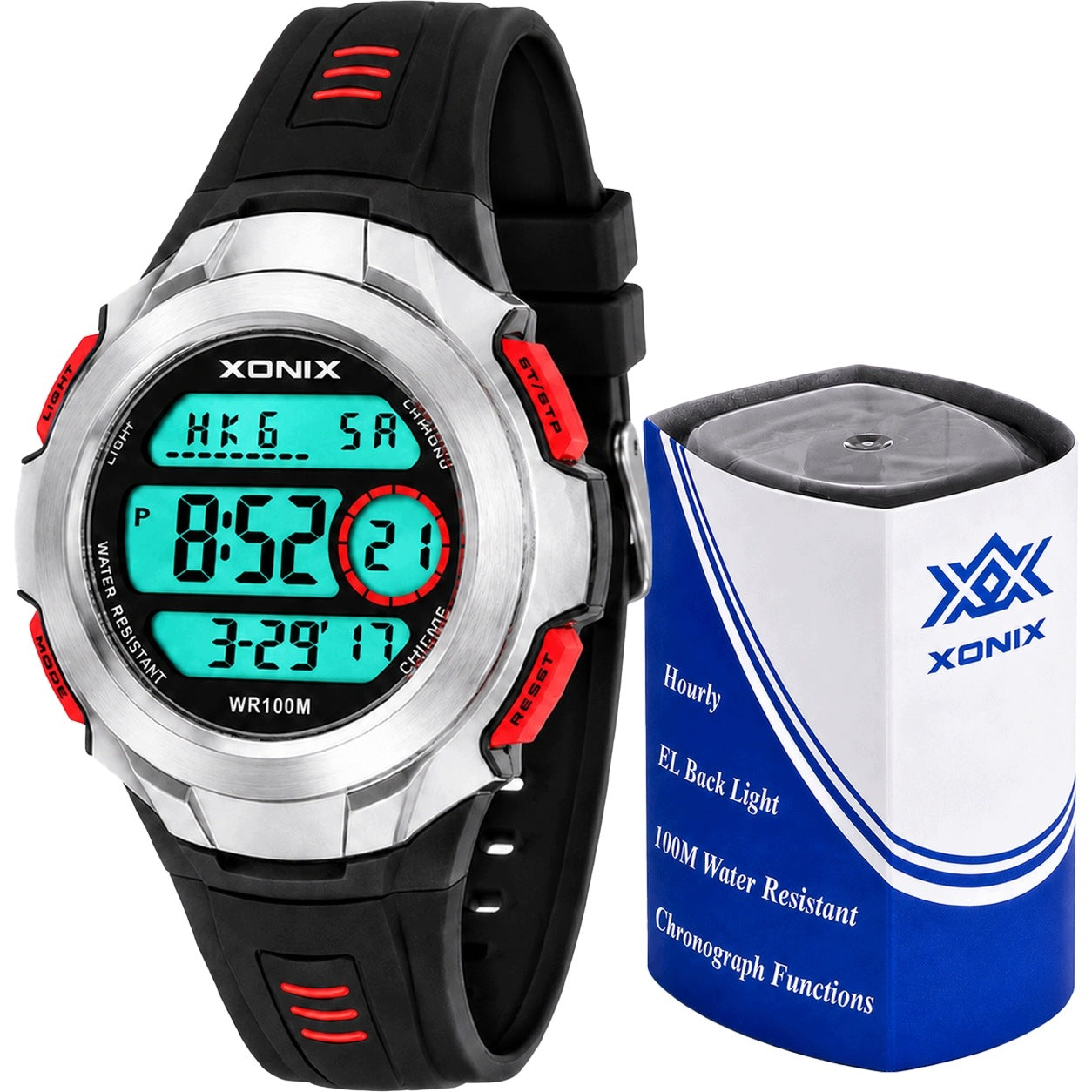 Quartz digital watch XONIX LED stopwatch alarm timer 10 ATM waterproof