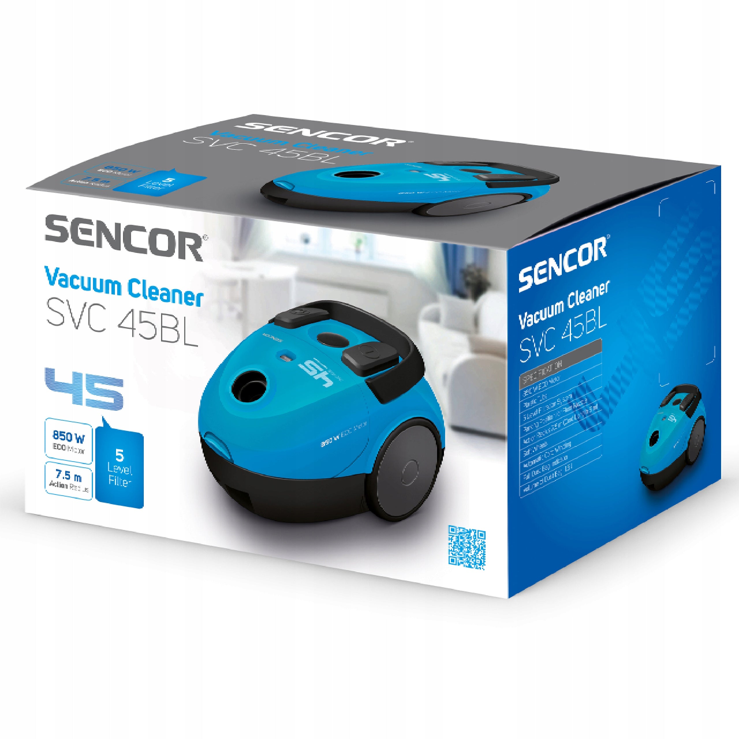 Quiet Lightweight Bagged Vacuum Cleaner 850W 1,5L 79dB Blue Sencor SVC 45BL-EUE3 Packaging status original