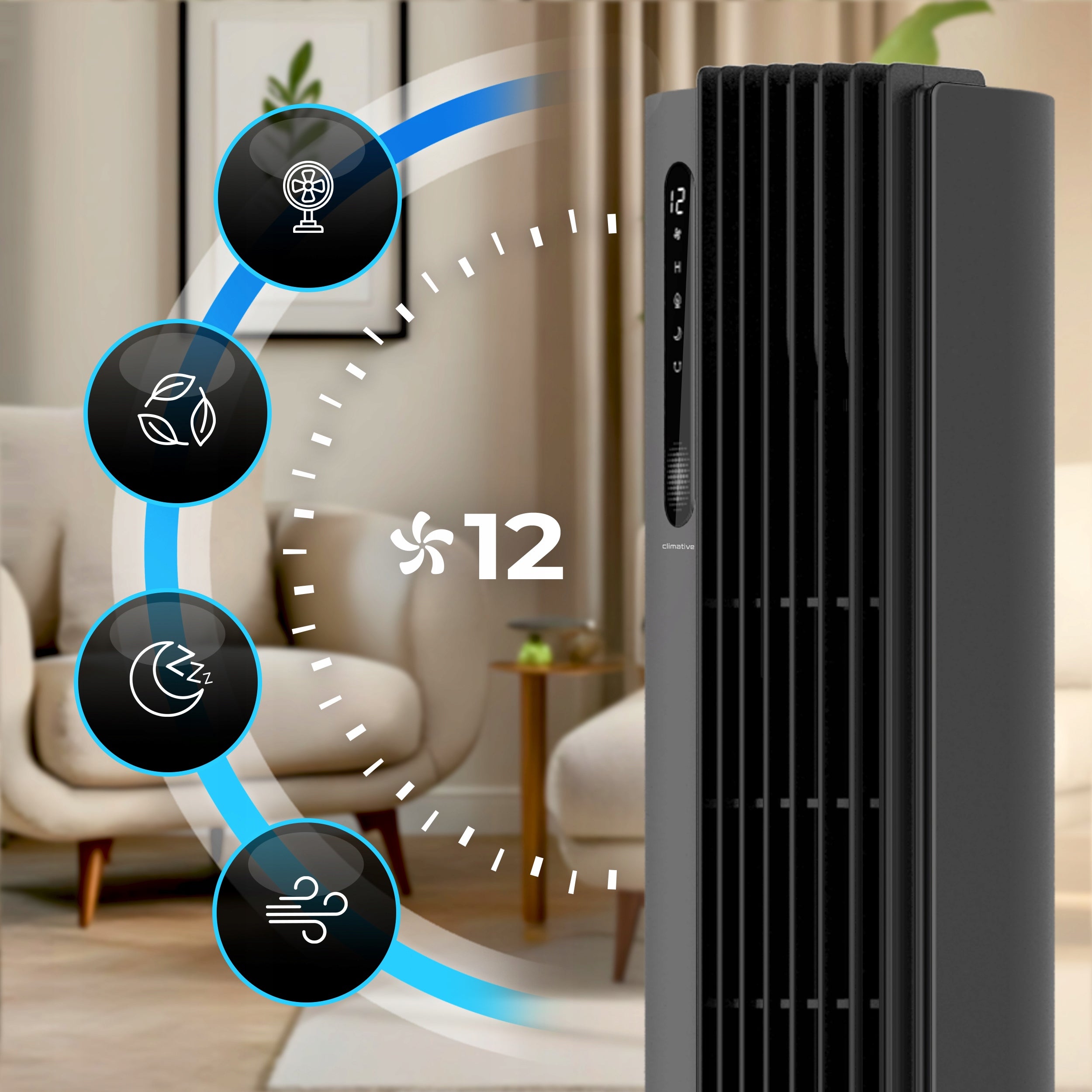 Quiet WIFI Column Fan 12 Levels PURE Plasma Ionization Black XL Fan type column