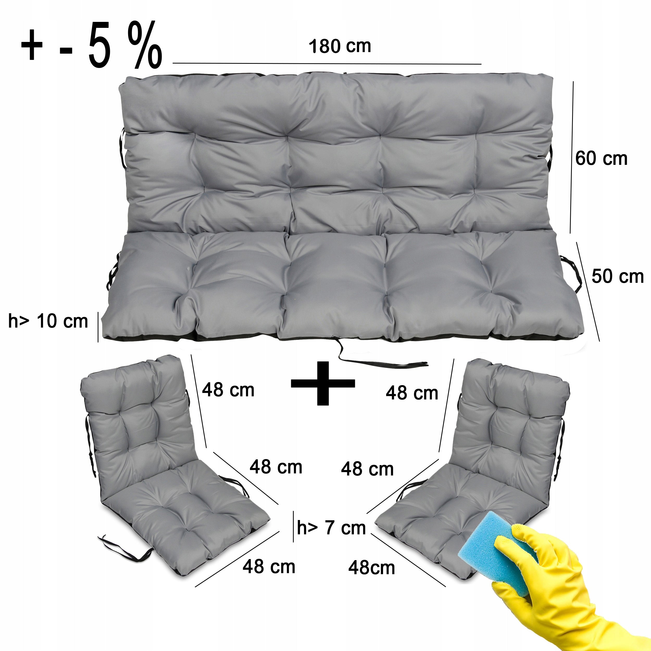Quilted cushions tied for garden furniture 1+2 180x60x50 48x96 cm Cushion thickness 10 cm