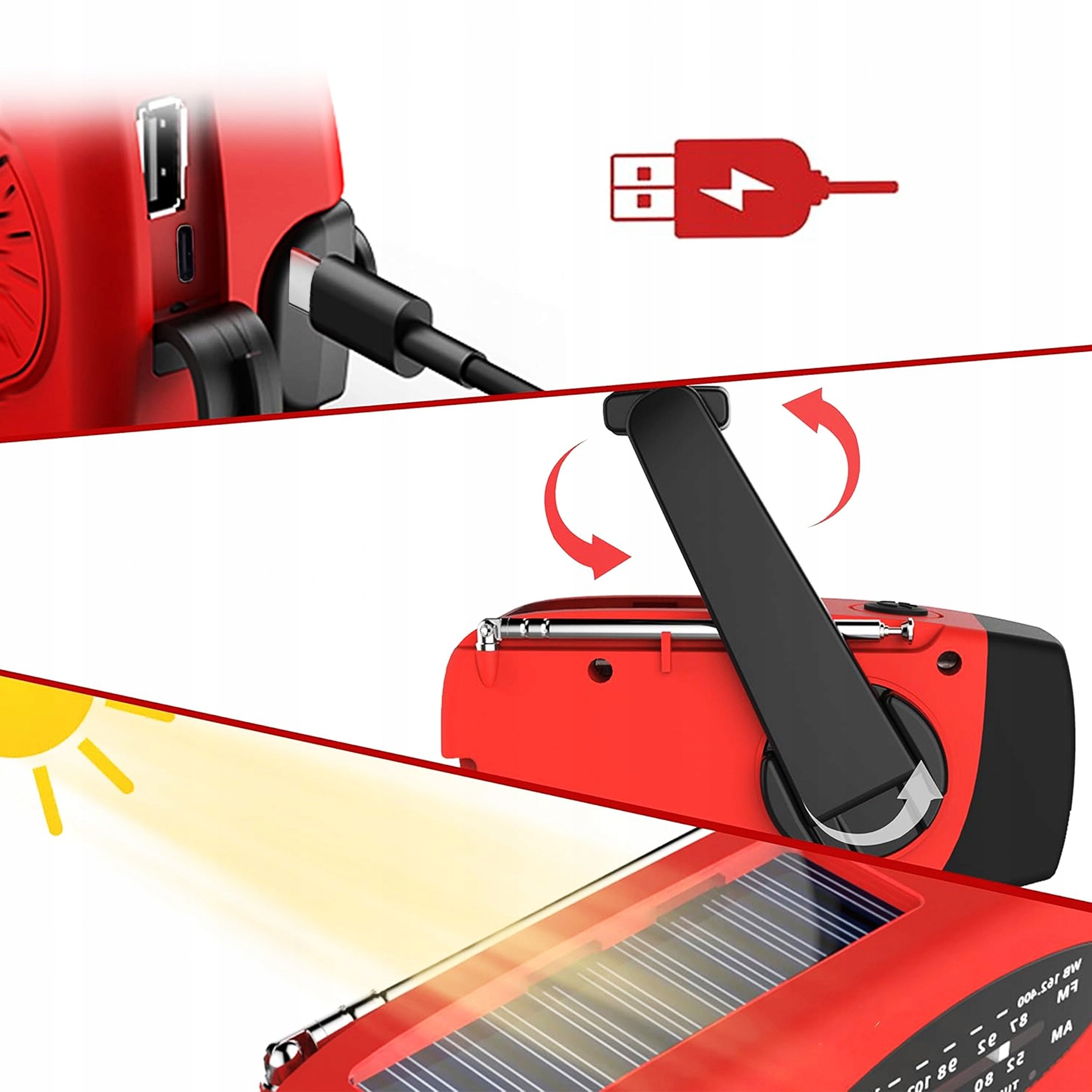 RADIO PORTABLE SOLAR CRANK ALARM DYNAMO EMERGENCY FLASHLIGHT POWERBANK 3in1 Manufacturer code BUDOWLANE NA WAKACJE BIWAK SURVIVAL WYJAZD FM
