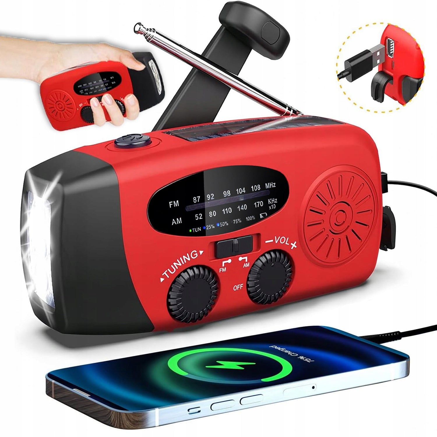 RADIO PORTABLE SOLAR CRANK ALARM DYNAMO EMERGENCY FLASHLIGHT POWERBANK 3in1
