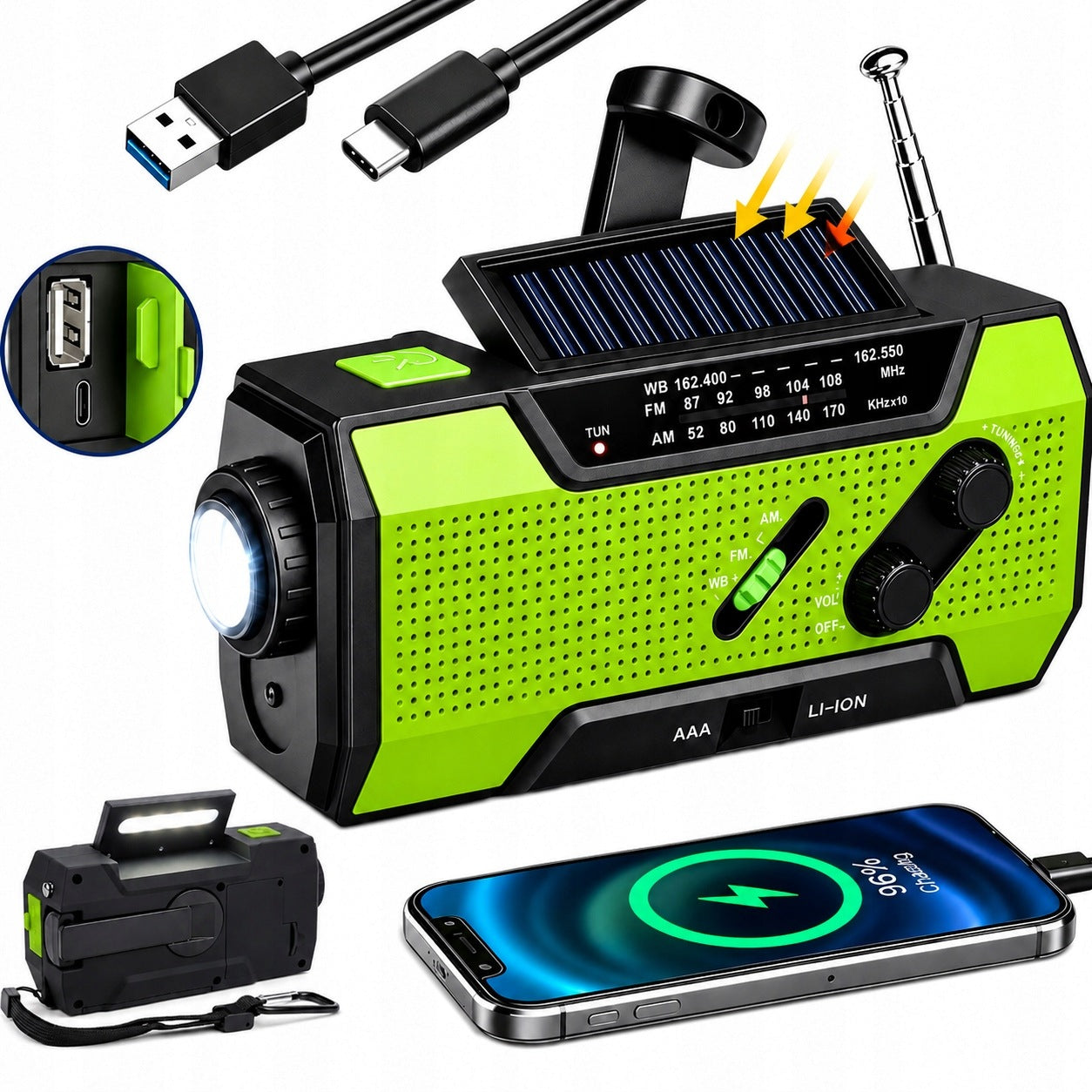 RADIO PORTABLE SOLAR CRANK ALARM DYNAMO EMERGENCY FLASHLIGHT POWERBANK 3in1