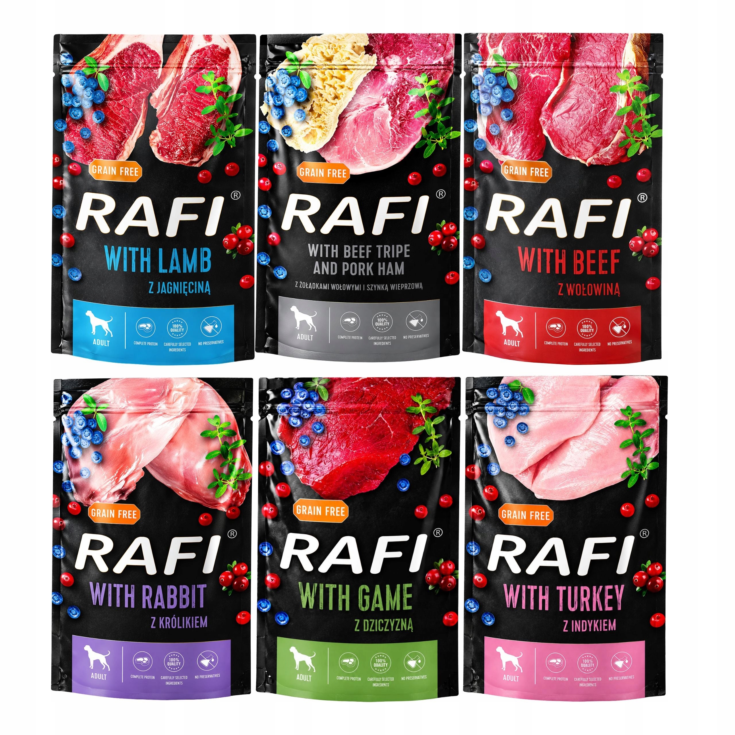 RAFI GRAIN FREE 18x500G MIX OF FLAVORS wet food DOG SACHETS VALLEY NOTECI Packaging status original